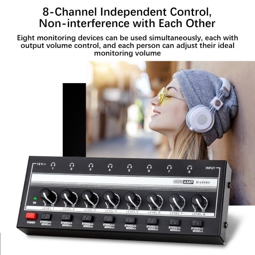 HA800S Headphone Amplifier 8 Channels Mono/Stereo Metal Stereo Headphone Amps Audio Amp 