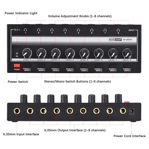 HA800S Headphone Amplifier 8 Channels Mono/Stereo Metal Stereo Headphone Amps Audio Amp 