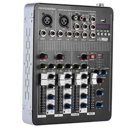 BT Professional 4-Channel Mic Audio Line Mixer Console de mixage avec 3 bandes Interface EQ 48V Phantom Power USB