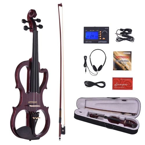 ammoon VE-201 Full Size 4/4 Solid Wood Silent Electric Violin Fiddle Maple Body Ebony Fingerboard Pegs Chin Rest Tailpiece with Bow Hard Case Tuner Headphones Rosin Audio Cable Extra Strings Black