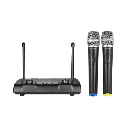 MICPOW W-10 Sistema de microfone de microfone sem fio de canal duplo VHF com 2 microfones de mão + 1 receptor para ensino de sala de Karaoke Ensino Entretenimento em casa