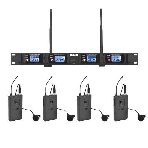 

Muslady D4-1 Professional 4-Channel UHF Wireless Microphone System Includes 4 Lapel Microphones with Bodypack Transmitters + 1 Rack-Mount Receiver for Business Meeting Public Speech Classroom Teaching