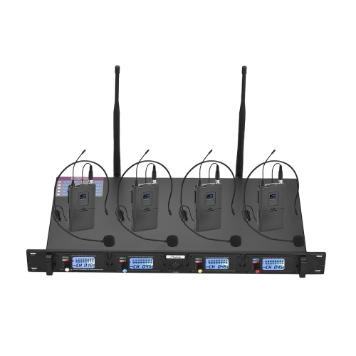 Muslady D4-2 Professionelles 4-Kanal-UHF-Funkmikrofonsystem Beinhaltet 4 Headset-Mikrofone mit Taschensender + 1 Rack-Mount-Empfänger für den öffentlichen Unterricht im öffentlichen Unterricht