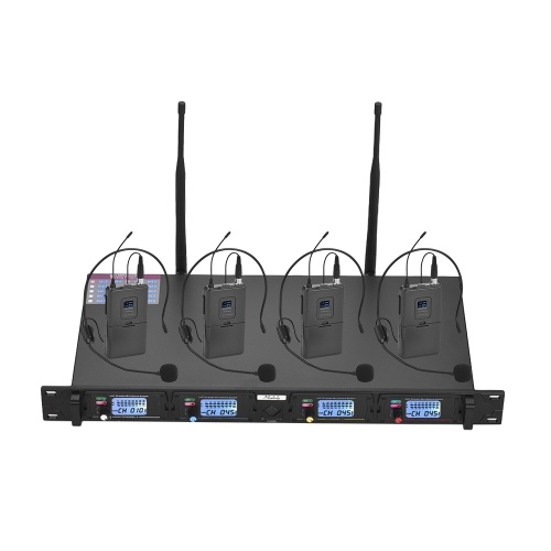 Muslady D4-2 Sistema microfonico wireless UHF a 4 canali professionale Comprende 4 microfoni per cuffie con trasmettitori Bodypack + 1 ricevitore per montaggio a rack per incontri d'affari Insegnamento di lezioni pubbliche