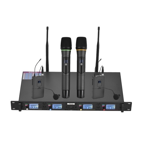 

Muslady D4-3 Professional 4-канальная UHF беспроводная микрофонная система включает в себя 2 микрофона с отворотом с передатчиками телескопа + 2 карманных микрофона + 1 приемник для монтажа в стойку для деловых встреч.