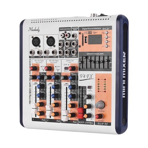 Muslady V4-FX Mixer console di missaggio portatile a 4 canali 16 effetti DSP integrati + 48 V Alimentazione Phantom Supporta connessione BT con alimentatore per la registrazione in studio Trasmissione in diretta DJ Karaoke