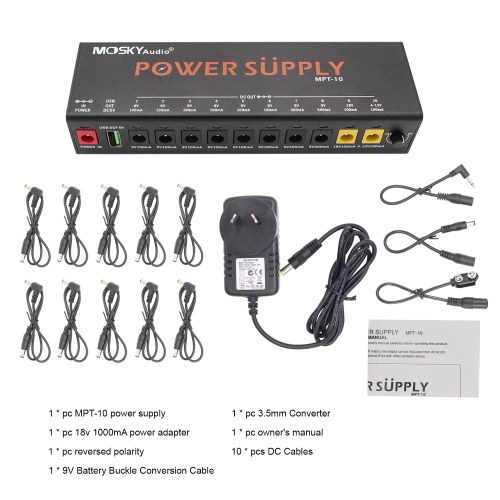 MOSKYAUDIO MPT-10 11-Channel Guitar Pedal Power Supply with Independent Short Circuit Protection Pedal Board 