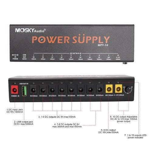 MOSKYAUDIO MPT-10 11-Channel Guitar Pedal Power Supply with Independent Short Circuit Protection Pedal Board 
