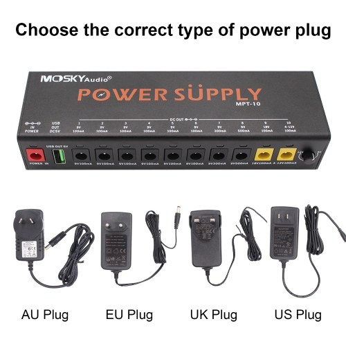 MOSKYAUDIO MPT-10 11-Channel Guitar Pedal Power Supply with Independent Short Circuit Protection Pedal Board 