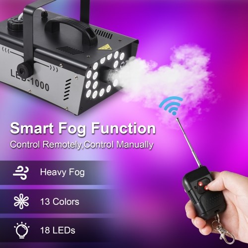 Outdoor 18 LED Lights 13 Colors 1000W 5000CFM Smoke Machine Fog Machine with 1 Wired Receiver and 2 Wireless Remote Controls 