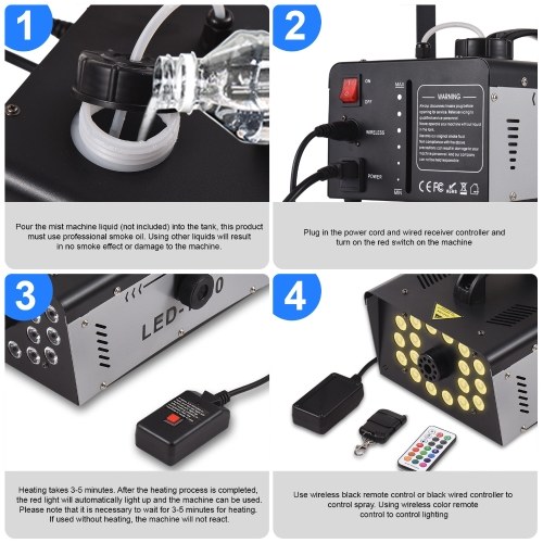 Outdoor 18 LED Lights 13 Colors 1000W 5000CFM Smoke Machine Fog Machine with 1 Wired Receiver and 2 Wireless Remote Controls 