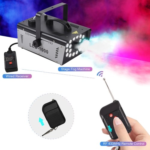 Outdoor 18 LED Lights 13 Colors 1000W 5000CFM Smoke Machine Fog Machine with 1 Wired Receiver and 2 Wireless Remote Controls 