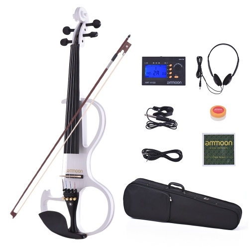 ammoon VE-207 Full Size 4/4 Solid Wood Silent Electric Violin Fiddle Maple Body Ebony Fingerboard Pegs Chin Rest Tailpiece with Bow Hard Case Tuner Headphones Rosin Audio Cable Extra Strings Black