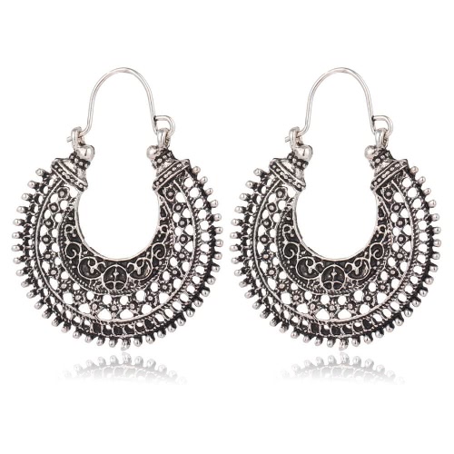 Euramerican Style Antique Silver Vintage Retro Bohemian Ethnic National Flavour En U En alliage en forme Hollow Out Exagéré Boucles d'oreilles taillées Bijoux Dangling Drop Ear Pendentif Cadeaux pour femmes Mode