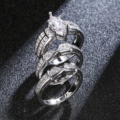 Fashion Jewelry Accessory Cut 925 Sterling Silver Crystal Ring Set For Lover Engagement Wedding