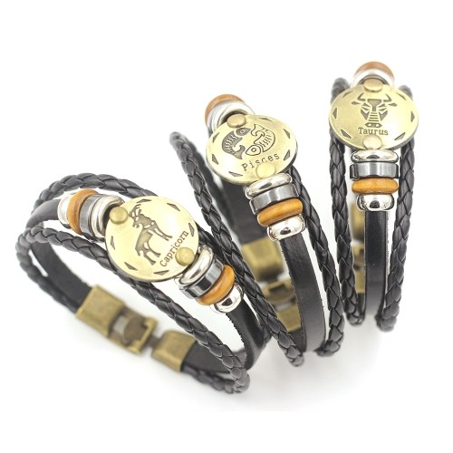 

12 Constellations Bracelet Fashion Jewelry Leather Bracelet Men Casual Personality Zodiac Signs Punk Bracelet