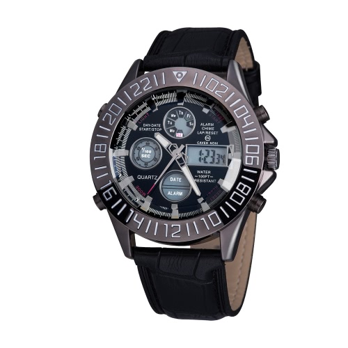 ASJ Men's Business Sport Military Wrap Wrist Quartz Watch Dual Japanese Movement Analog Digital Display Time Date Day Alarm Chronograph Cow Leather Strap Band 3ATM Water Resistant