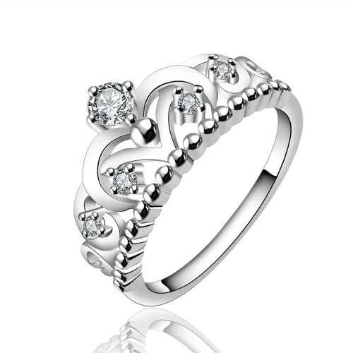 Estilo de moda nova banhado a prata Crystal Rhinestone Crown Ring acessório de jóias para mulheres Girls Bride Gift Party