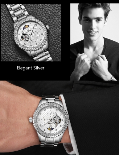 

TEVISE Brand Luxury Luminous Skeleton Automatic Mechanical Men Watch Water-Proof Stainless Steel Band Man Business Watch W/ Moon P