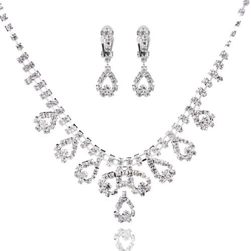 Fashionable Women Zinc Alloy Dazzling Rhinestone Crystal Pendant Necklace and Earrings Bridal Jewelry Set for Bride Wedding Party Gift