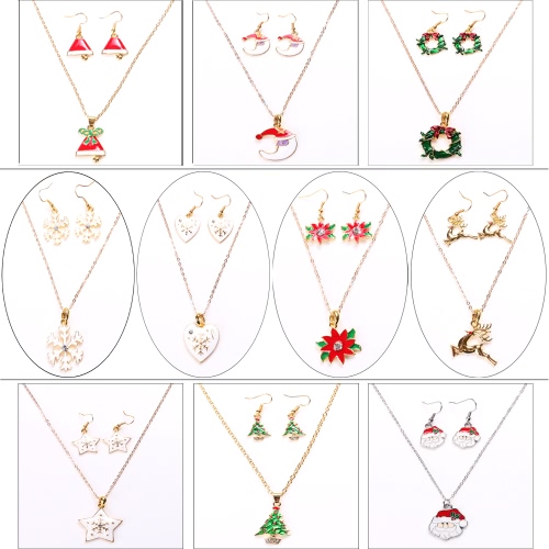 

Fashion Charming Christmas Metal Zinc Alloy Necklace Earrings Enamel Jewelry Set for Woman Girls Party Holiday