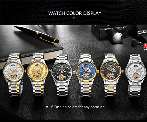 

TEVISE Luxury Luminous Automatic Mechanical Watch Water-Proof Moon Phase Stainless Steel Man Business Wristwatch + Box