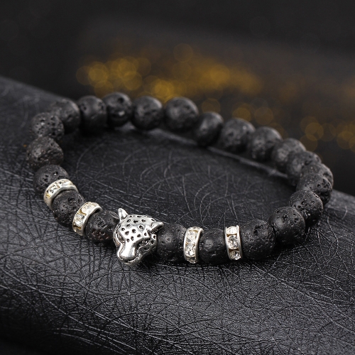 

Fashion Natural Stone Frosted Bracelet Elastic Bracelet Leopard Head Embedded Crystal