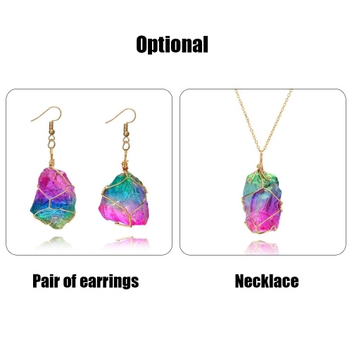 Fashion Creative Rainbow Crystal Natural Stone Earrings Eardrop And Colorful Wire Wrapping Long Pendant Necklaces A Choosable Suit Of Accessorie For Women And Girls