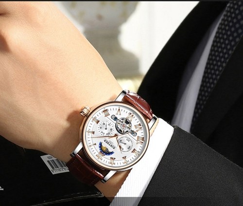 

KINYUED JYD-J029 Men Wrist Watch Automatic Mechanical Watch Leather Strap Moon Phase luminous Self-Wind Band with Gift Box