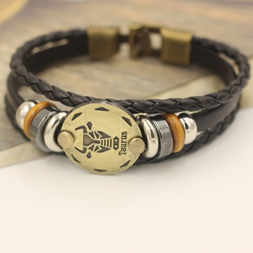 

12 Constellations Bracelet Fashion Jewelry Leather Bracelet Men Casual Personality Zodiac Signs Punk Bracelet