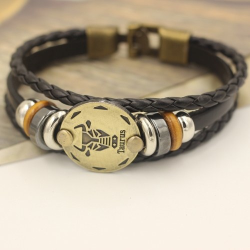 12 Constellations Bracelet Fashion Jewelry Leather Bracelet Men Casual Personality Zodiac Signs Punk Bracelet