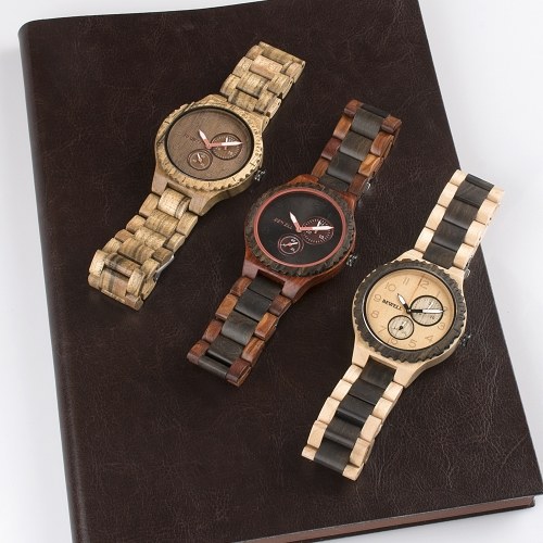 

BEWELL ZS-W154A Men Wood Watch Quartz Movement Stopwatch Date Luminous Vintage Analog Wrist Watch