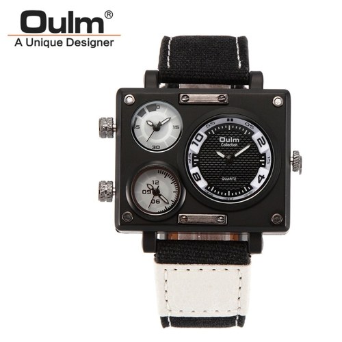 OULM Men Business Watch Luxury Canvas Band Quartz Watch Three Time Zone Sport Wristwatch