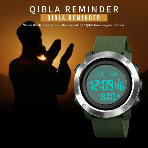 

SKMEI Muslim Digital Watch for Prayer Qibla Compass Hijri Calendar Quran Bookmark City Selection Function Date Week Alarm Backlight 5ATM Waterproof Men Azan Watches Islamic Wristband Men's Gifts