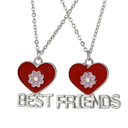 2pcs rouge coeurs pêche & fleurs combinaison colliers Set « meilleures amies » pendentifs avec homard fermoir joaillerie personnalisée cadeau 45cm