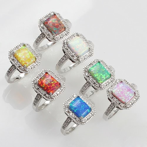 

925 Sterling Silver Fashion CZ Diamond Square Cubic Simulated Opal Ring Women Girl Wedding Engagement Jewelry