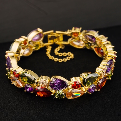 

Fashion New Unique Colorful Zircon Rhinestone Crystal Gold Plated Bracelet Bangle for Woman Girl Wedding Gift Party