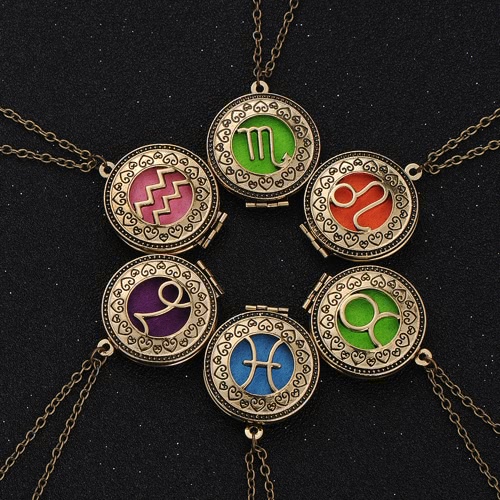 

Perfume Essential Oil Diffuser Zodiac Sign Round Pendant Necklace