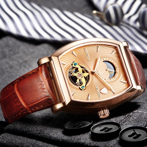 

TEVISE Luxury Water-Proof Automatic Mechanical Men Watch Moon Phase Genuine Leather Self-Winding Man Casual Wristwatch + Box