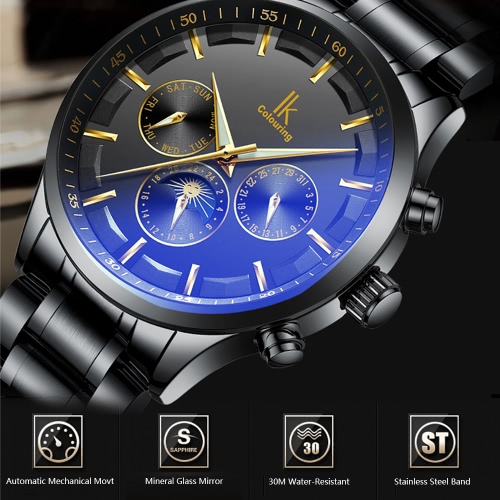 

IK COLOURING Luxury Luminous Men Automatic Mechanical Watch Self-Wind Moon Phase Water-Proof Stainless Steel Man Business Wristwat