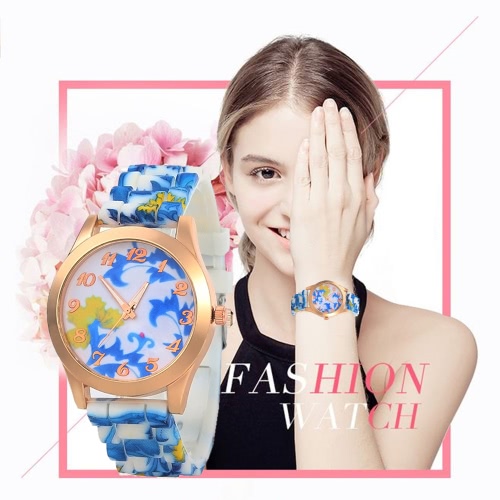 

Fashion Luxury Rose Gold Quartz Women Watch Silicone Band Flower Pattern Ladies Casual Wristwatch