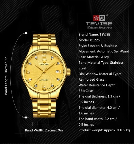 

TEVISE 8122S Automatic Mechanical Watch Men Water-resistant Stainless Steel Strap Alloy Casing