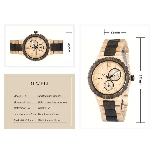 

BEWELL ZS-W154A Men Wood Watch Quartz Movement Stopwatch Date Luminous Vintage Analog Wrist Watch