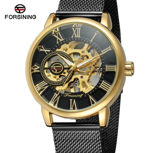 Forsining Fashion Men's Watches Skeleton Noctilucent Mechanical Movement Roman Numerals Waterproof Business Analog Dial Stainless Steel Band Strap Wrist Watch for Men / Black Band + Gold Dial