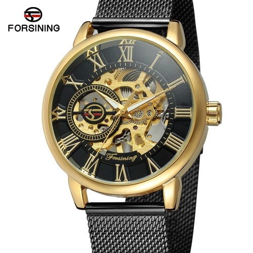 Forsining Moda Relógios masculinos Esqueleto Movimento mecânico noctilucente Numerais romanos À prova d'água Negócios Dial Analógico Banda de aço inoxidável Correia Relógio de pulso para homens / Faixa preta + Dial dourado