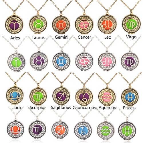 Perfume Essential Oil Diffuser Zodiac Sign Round Pendant Necklace