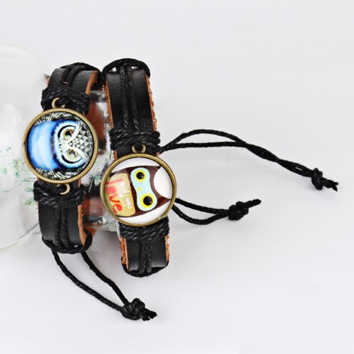 

Cute Lovely Round Owl Woven Leather Wrist Bracelet for Women Vintage Jewelry Accessory Gift