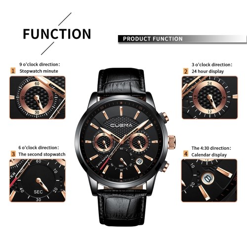 

CUENA Men Multi-Functional Sports Quartz Watch Leather Band Luminous Hands Calendar Wristwatch