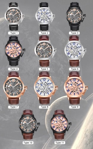 

IK COLOURING Genuine Leather Automatic Mechanical Watch Transparent Hollowed-out Skeleton Wristwatch