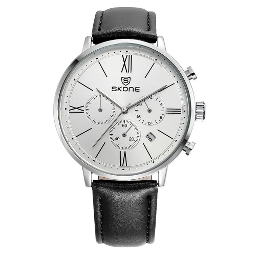 SKONE 2016 Brand Fashion Luxury Water-proof Men Casual Wristwatch Calendar PU Strap Mans Business Dress Watch W/ Sub-dials